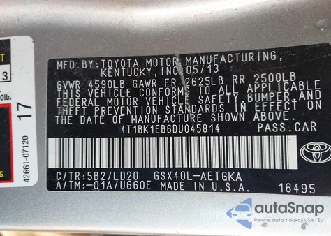 2013 Toyota Avalon Xle z USA, uszkodzony, nr VIN 4T1BK1EB6DU045814